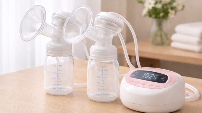 Electric breast pump placed on a table in a hospital room
