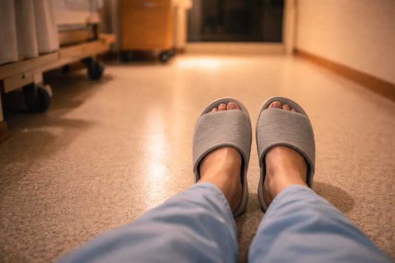 A woman standing on her own feet in a hospital room for the first time after surgery
