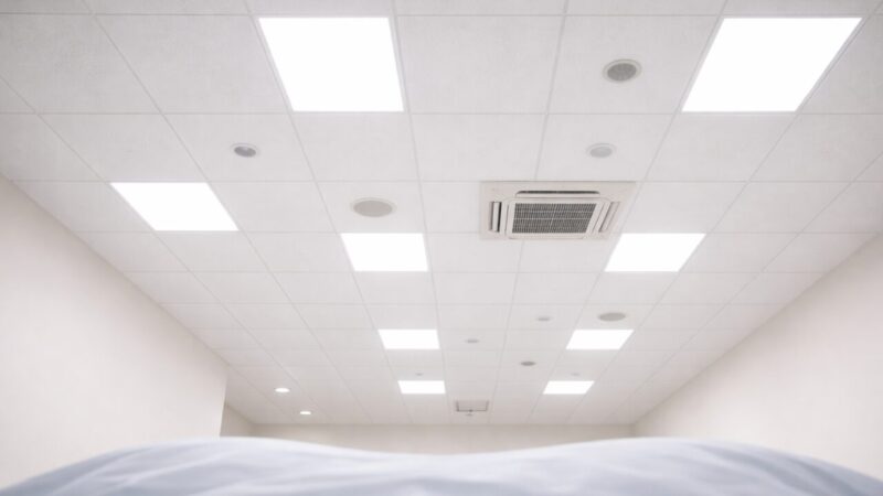 Hospital room ceiling seen from a patient lying in bed after emergency cesarean section
